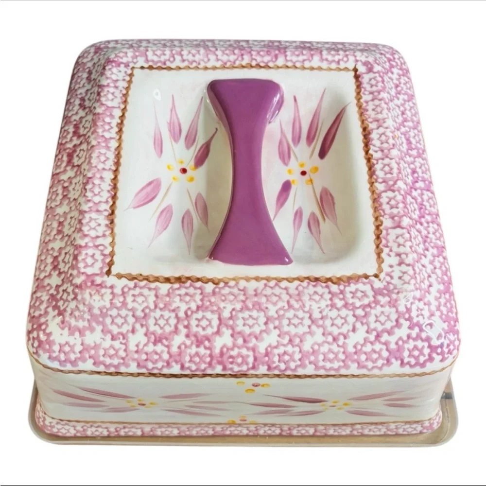 TempTations Pink and Cream Colored Old World Floral Pattern Ceramic Dish